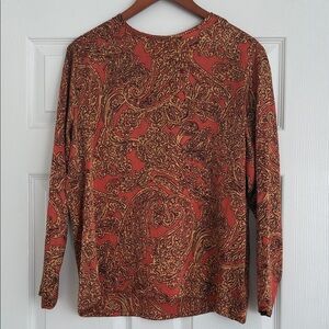 Amanda Fielding Paisley Long Sleeve Orange 100% silk Top sz 12 Korea